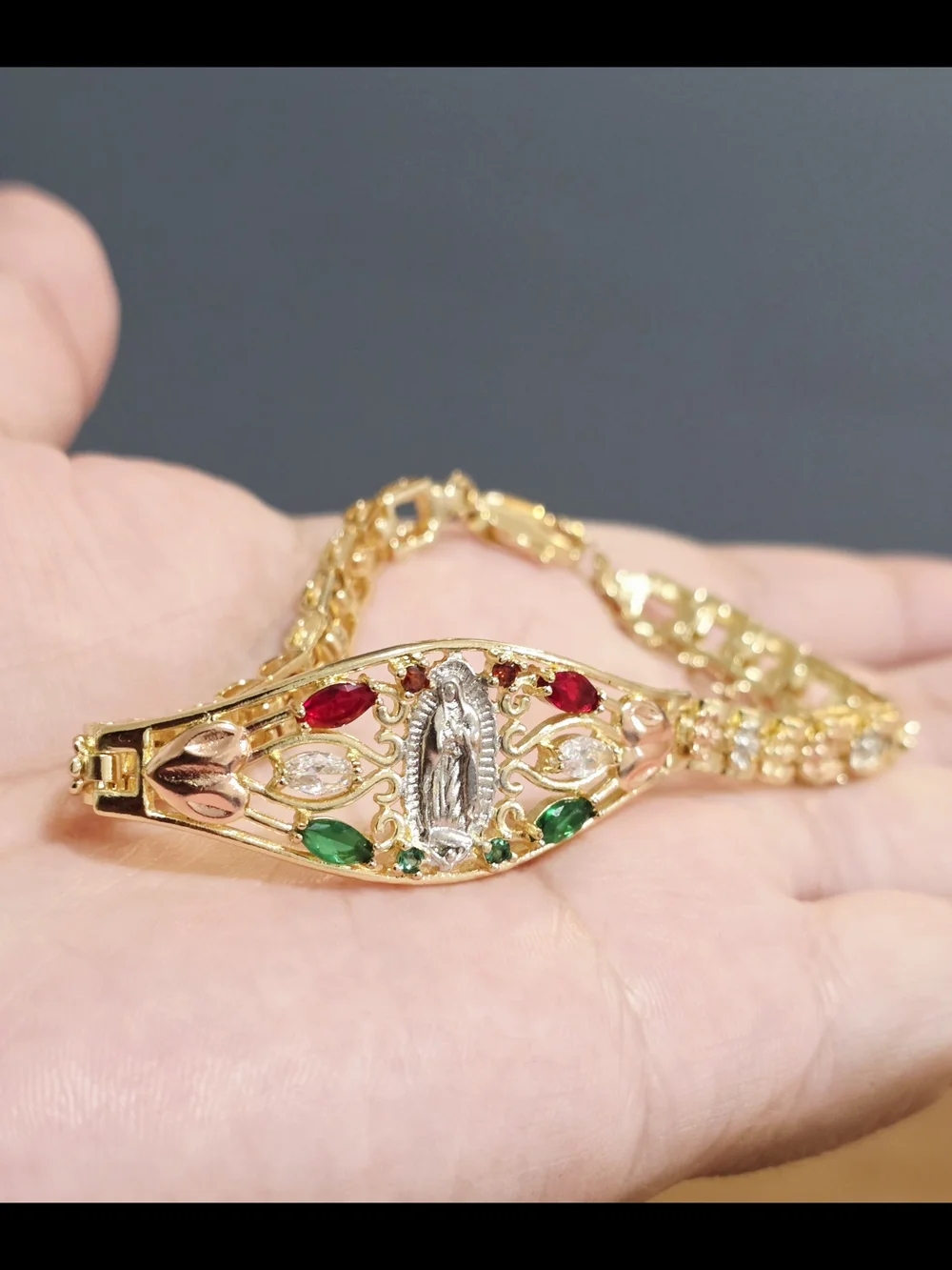18k Gold Plated Tone Religious Bracelet with Red & Green Stones